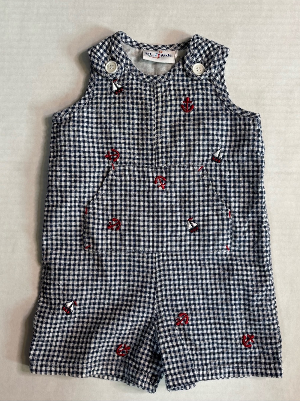 Vintage b.t kids 3/6M Navy Gingham nautical themed shortalls for Kids seersucker